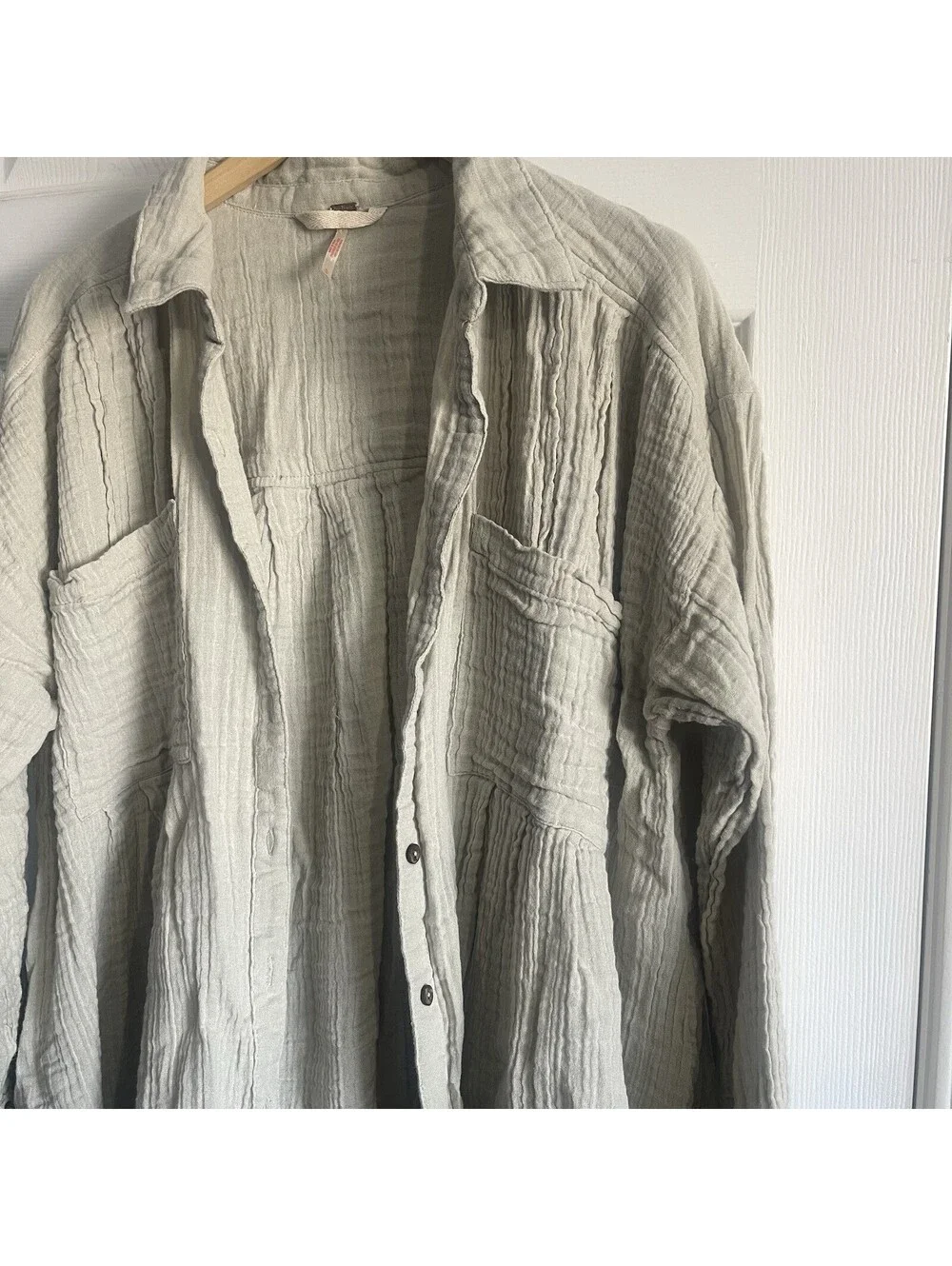 Free People Voyager Gauze Shirt Dress Tunic L Taupe Sage Pockets Boho Pockets